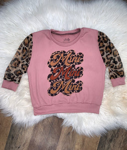 Mauve rib knit relaxed sweater w/ sheer leopard sleeves & “mini” sublimation