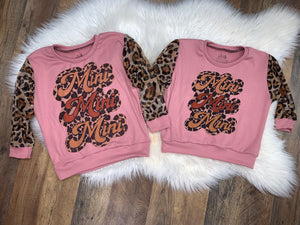 Mauve rib knit relaxed sweater w/ sheer leopard sleeves & “mini” sublimation